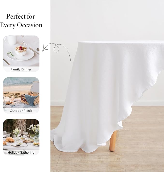 Linen World Linen Tablecloth, 100% French Linen Round Tablecloth 70" Inch, Washable White Tablecloth for Dining, Outdoor, Weddings and Restaurants, Decorative Valentine Easter