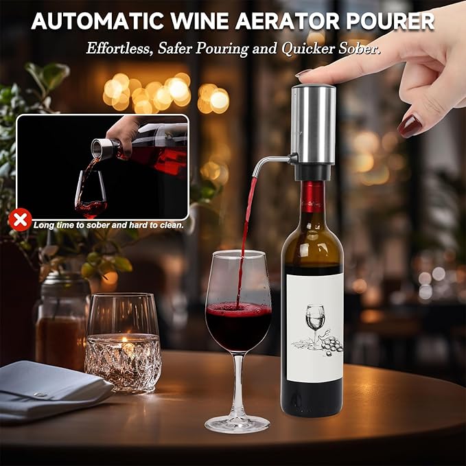 Electric Wine Opener Gift Set, Automatic Electric Wine Bottle Corkscrew Opener Rechargeable with Foil Cutter, Automatic Aerator, 2 Vacuum Stoppers for Home Bar Outdoor Parties, Stainless Steel