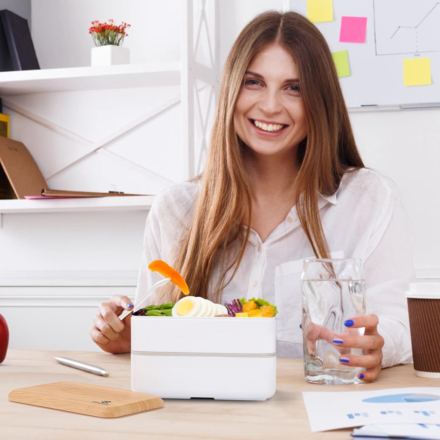 Sinnsally Lunch Box for Adult,1400ml Stackable Japanese Bento Lunch Box for Women,Lunch Containers with Food Compartments,Rectangle Bento Box with Cutlery Set,Leak-proof,Microwave Safe (White)