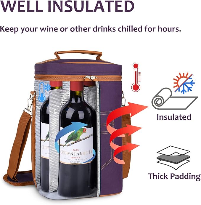 Tirrinia 4 Bottle Wine Gift carrier - Insulated & Padded Portable Wine Carrying Cooler Tote Bag for Travel, BYOB Restaurant, Wine Tasting, Party, Gift for Wine Lovers,Purple