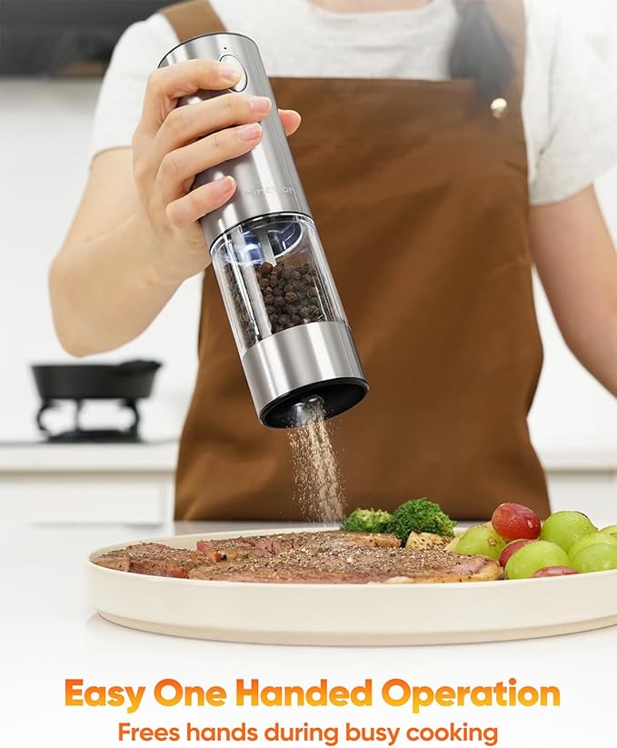 Electric Salt and Pepper Grinder Set Rechargeable, Automatic Salt and Pepper Grinder Set for Kitchen, USB Charging Base & LED Light, Adjustable Coarseness, Stainless Steel