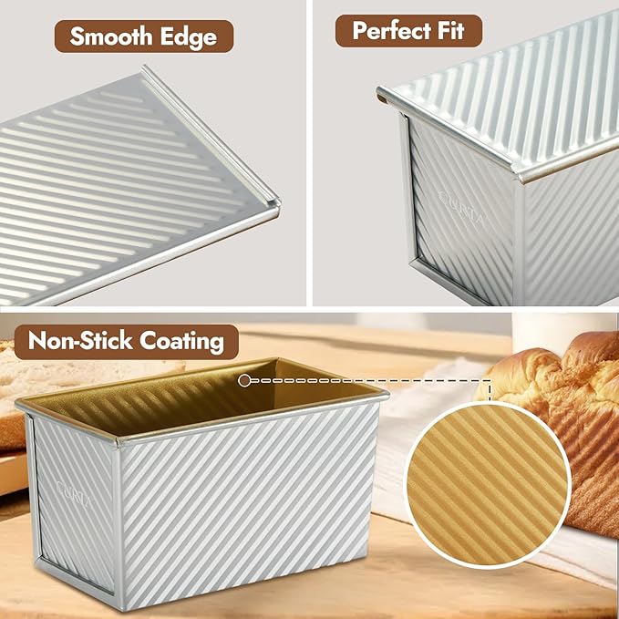 CURTA Commercial Pullman Loaf Pan with Lid 1 lb Dough Capacity Non-Stick Bakeware for Baking Bread, Corrugated Bread Bread loaf pan, Single Sided Silver 1pcs