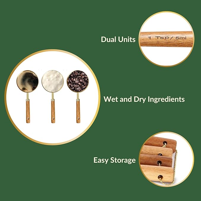 NAZANIN 9-Piece Gold Measuring Cups and Spoons Set – Acacia Wood & Gold Stainless Steel, Premium Baking Tools with Leveler for Kitchen, Cooking & Baking