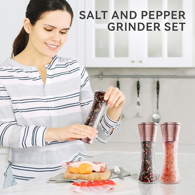 Salt and Pepper Grinder Set – 2-Pack Copper Stainless Steel Manual Mill with Adjustable Coarseness, Clear Glass Body & Ceramic Rotor
