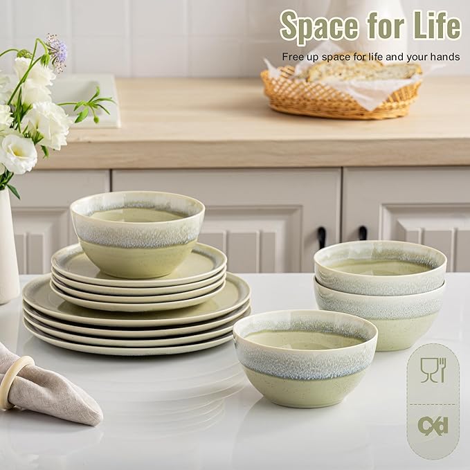 Plates and Bowls Sets, 12 Pieces Grass Green Dinnerware Sets for Kitchen, Reactive Glaze Dishes Set for 4, Dishwasher and Microwave Safe, Series Starflecked Shore (Grass Green)