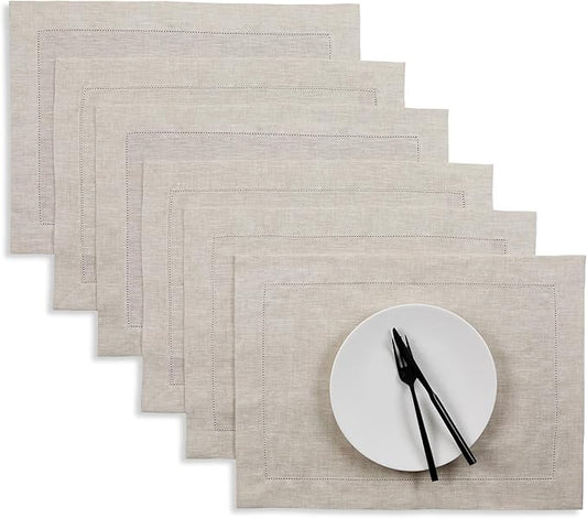 Solino Home Linen Cloth Placemats Set of 6-100% Pure Linen Hemstitch Light Natural Placemats 14 x 19 Inch - Classic Hemstitch Table Place Mats for Fall, Autumn, Thanksgiving, Christmas, Holiday