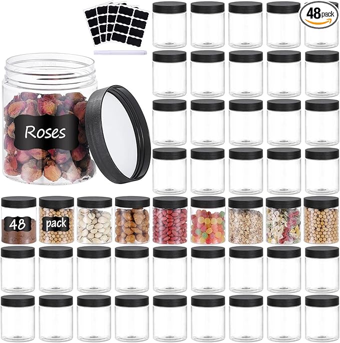 48PCS 8OZ Plastic Jars with Screw On Lids, Labels Refillable Empty Round Slime Containers for Storing Dry Food, Honey Jam, Cream, Butter, Lotion