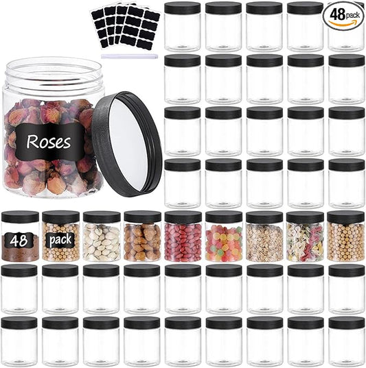 48PCS 8OZ Plastic Jars with Screw On Lids, Labels Refillable Empty Round Slime Containers for Storing Dry Food, Honey Jam, Cream, Butter, Lotion