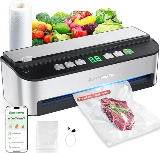 PressFree TRUE-Auto Vacuum Sealer Machine, Beelicious 85KPA Fully Automatic 8-IN-1 Food Sealer with Bags Storage, Build-in Cutter, Moist Mode and Air Suction Hose |Sous Vide | Digital Countdown
