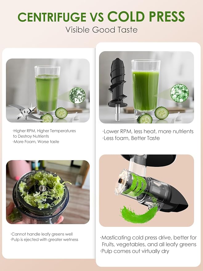 Vegetable Juicer for Celery Wheatgrass Spinach Ginger, Fruit Juicer Machines Slow Masticating Cold Press Juice Extractor Pulp Separated, Quiet Motor, Dishwasher Safe, Easy To Clean, BPA Free