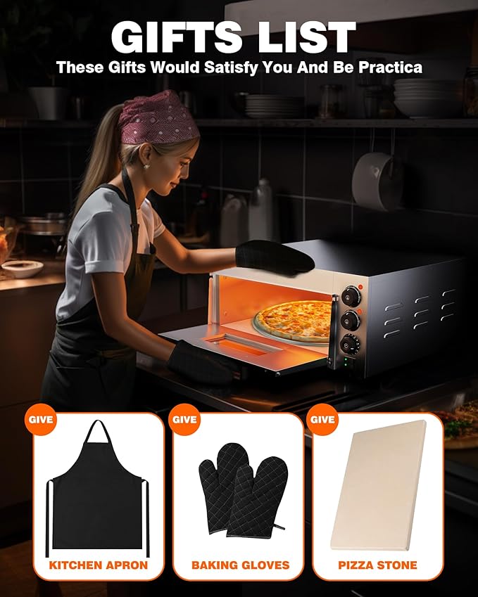 PYY Electric Pizza Oven - Indoor Countertop Pizza Ovens with Visual Window, 14 Inch 1800W Commercial Pizza Cooker with Pizza Stone and Timer, Silver