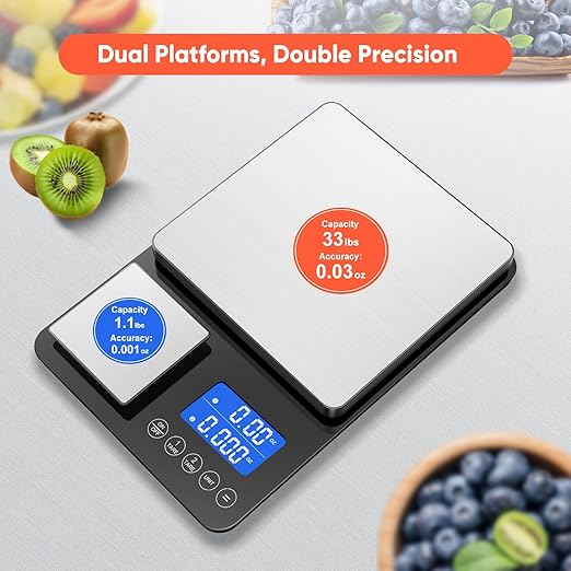 0.001 oz / 33 lb Dual Platform Kitchen Scale, Digital Food Scale with Two Precision Surfaces, LCD Display, 7 Units, Tare & Accumulation Functions – Perfect for Baking, Sourdough, and Cooking