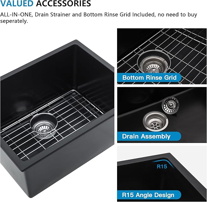 24 Undermount Laundry Sink - Fulorni 24"x18" Laundry Room Utility Sink Undermount Matte Black Granite Composite Quartz Classic 12 Inch Deep Single Bowl Under Counter Basin