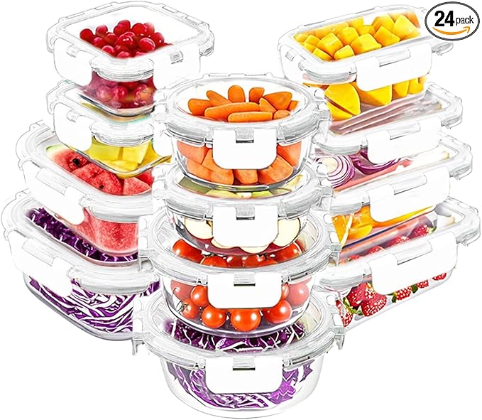 VERONES 12 Packs Glass Food Storage Containers Set, Airtight Glass Lunch Containers, Glass Meal Prep Containers with Lids,Exclusive of BPA, for Microwave, Oven, Freezer & Dishwasher Friendly,White