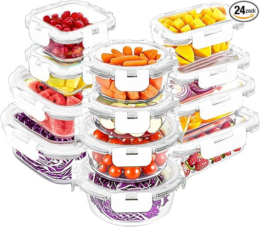 VERONES 12 Packs Glass Food Storage Containers Set, Airtight Glass Lunch Containers, Glass Meal Prep Containers with Lids,Exclusive of BPA, for Microwave, Oven, Freezer & Dishwasher Friendly,White