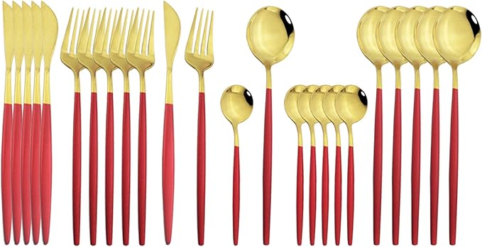 JASHII Flatware Serving Set 24 Piece, Stainless Steel Silverware Set, Red Gold Cutlery Set, Modern Elegant Tableware Set for Party, Christmas, Dinner (Red Gold)