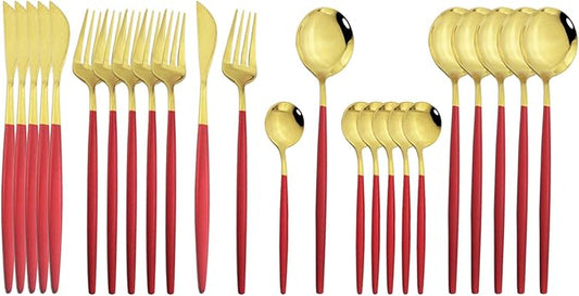 JASHII Flatware Serving Set 24 Piece, Stainless Steel Silverware Set, Red Gold Cutlery Set, Modern Elegant Tableware Set for Party, Christmas, Dinner (Red Gold)