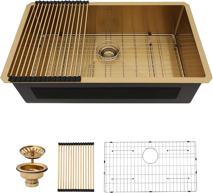 Lordear 33 Undermount Kitchen Sink 33x19 Matte Gold Undermount Sinks 16 Gauge Stainless Steel Deep Single Bowl Handmade Kitchen Sink Basin