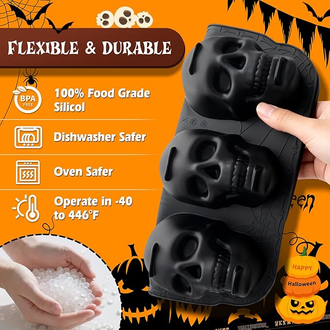 Halloween Skull Cake Pan & Pumpkin Silicone Molds Set – 6 Cavity 3D Skull Baking Pan + 6 Halloween Shape Silicone Molds (Pumpkin, Ghost, Bat) for Cakes, Chocolate, Candy, DIY Party Baking