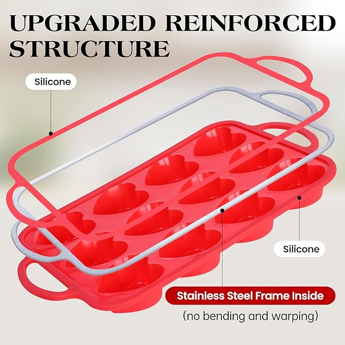 1 Pc Heart Shaped Muffin Pan with Metal Reinforced Frame 12 Cup Nonstick Silicone Heart Cake Mold for Baking 2.5 Inch Cupcake Tray (Red)