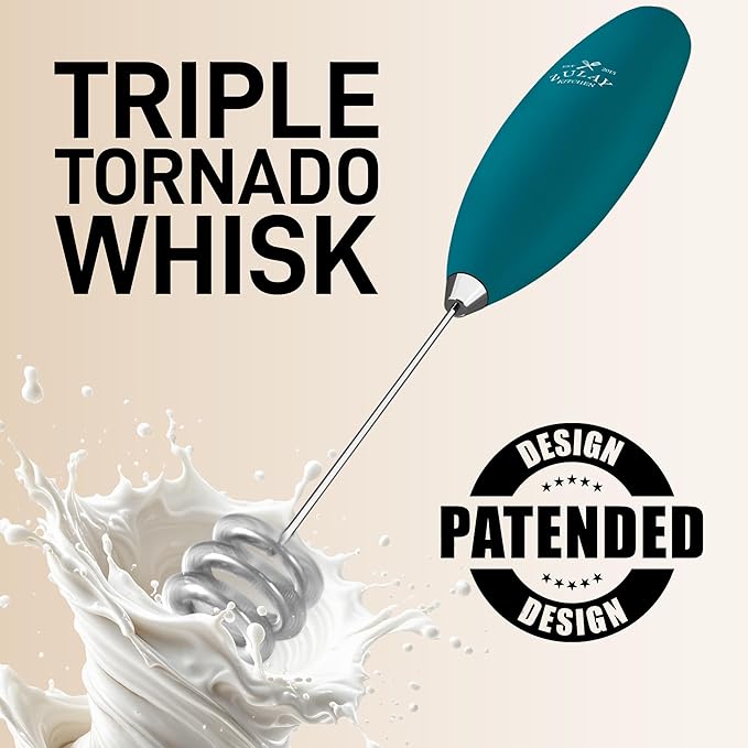 Zulay Kitchen Tornado Whisk Milk Frother with 4 AA Duracell Batteries - Triple Whisk for More Power - Handheld Coffee Frother with Stand - Drink Mixer for Lattes, Matcha & Protein Shakes