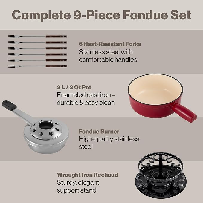 Swissmar Lugano Cast Iron Cheese Fondue Set, 9-Piece, 2 QT / 2 L - Ideal for Melting Cheese, Chocolates, Caramel, & More - Perfect for Kitchen Collection & Gift Giving - Cherry Red