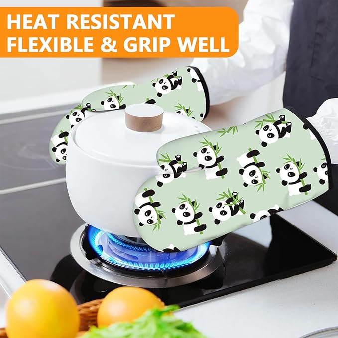Cute Panda Oven Mitts and Pot Holders Sets 4Pcs,Extra Long Oven Gloves Potholder for Kitchen Cooking Baking BBQ 100% Cotton Heat Resistant