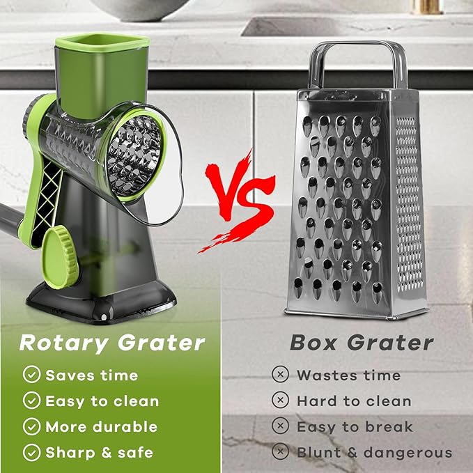 Rotary Cheese Grater with Handle, XinM Cheese Shredder Kitchen Mandoline Vegetable Slicer with 3 Interchangeable Blades, Easy to Clean Rotary Grater for Cheese Potato Nuts Chocolate (Green)