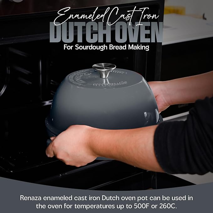 Enameled Cast Iron Dutch Oven Pot with Lid - Dutch Oven for Sourdough Bread Baking - With 5 Blade Bread Lame & Non-Stick Silicone Sling perfect for Sourdough Breads & more. Cast Iton Enamel Braiser Pan with Lid (GREY, 6 Quart Sourdough Pot)