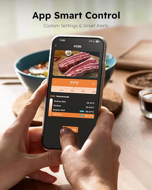 Smart Wireless Meat Thermometer | 6 Sensors Accuracy | 600FT Blutooth Range| IPX7 Waterpoof Dual Probes Digital Food Thermometer for Remote Monitoring of BBQ Grill, Oven, Smoker