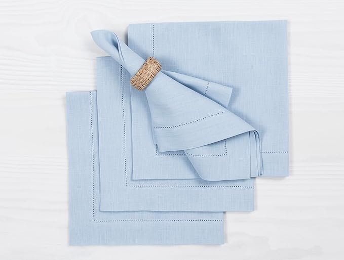 Solino Home Sky Blue Linen Napkins Set of 4-100% Pure Linen Hemstitch Dinner Napkins 20 x 20 Inch for Holiday, Christmas - Classic Hemstitch