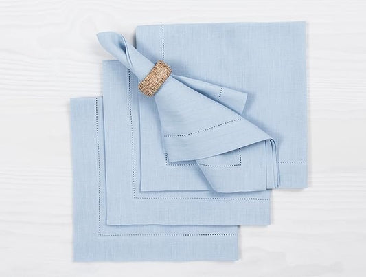 Solino Home Sky Blue Linen Napkins Set of 4-100% Pure Linen Hemstitch Dinner Napkins 20 x 20 Inch for Holiday, Christmas - Classic Hemstitch
