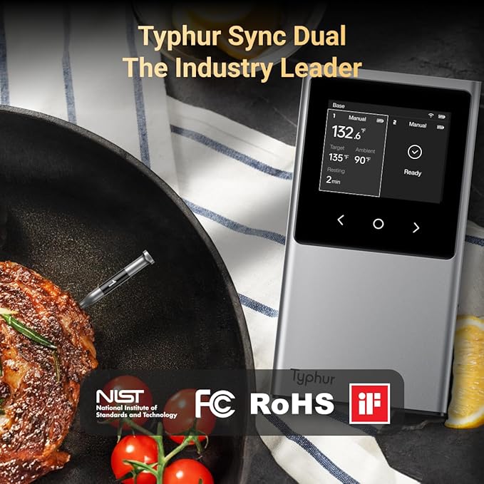 Typhur Sync Dual Gen 2 WiFi Wireless Meat Thermometer, 2 Probes, Smart Base, LCD Display, Unlimited Range, Bluetooth 5.3, Improved Stability, NIST-Certified Accuracy, BBQ, Grill, Smoker, Oven