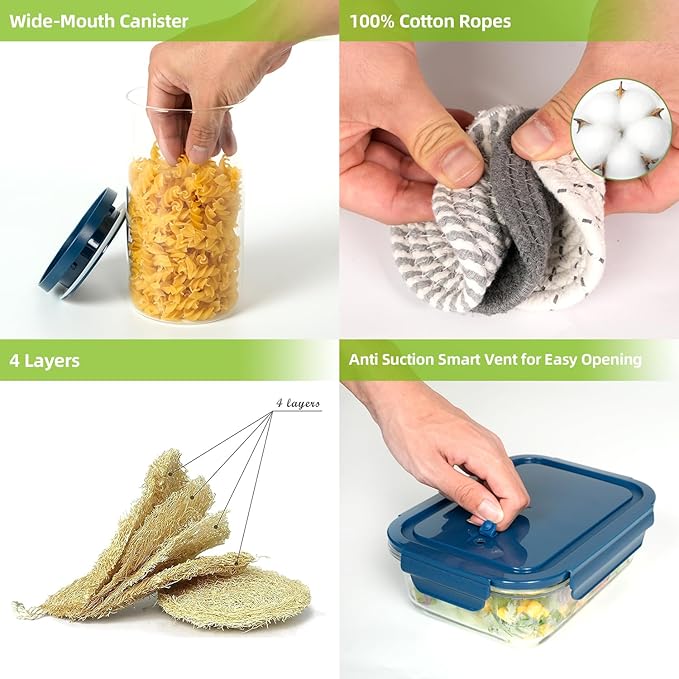 AURADYNE Glass Food Storage Containers with Lids, 3 Borosilicate Meal Prep Containers Reusable (5, 4.4, & 1.75 Cup), 6 Cotton Pot Holder Trivets, 3 Natural Loofah Sponges Lunch Oven Safe/Freezer/Clean