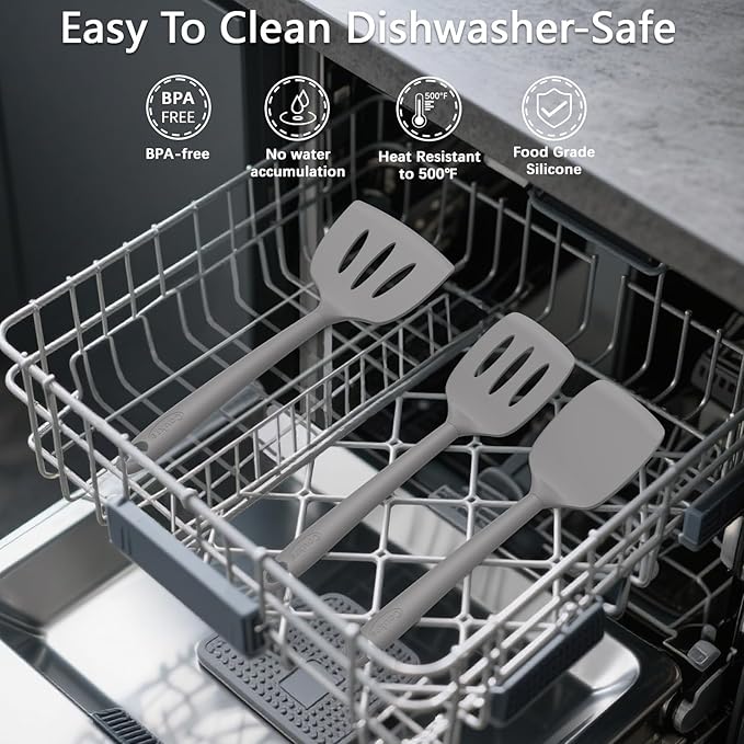 Coukre 3 Pack Silicone Spatula Set, High Heat Resistant, BPA-Free, Fish Spatula, Solid & Slotted Turner for Non-Stick Pans, Flipping Eggs, Pancakes, Fish, Burgers (3, PureGray)