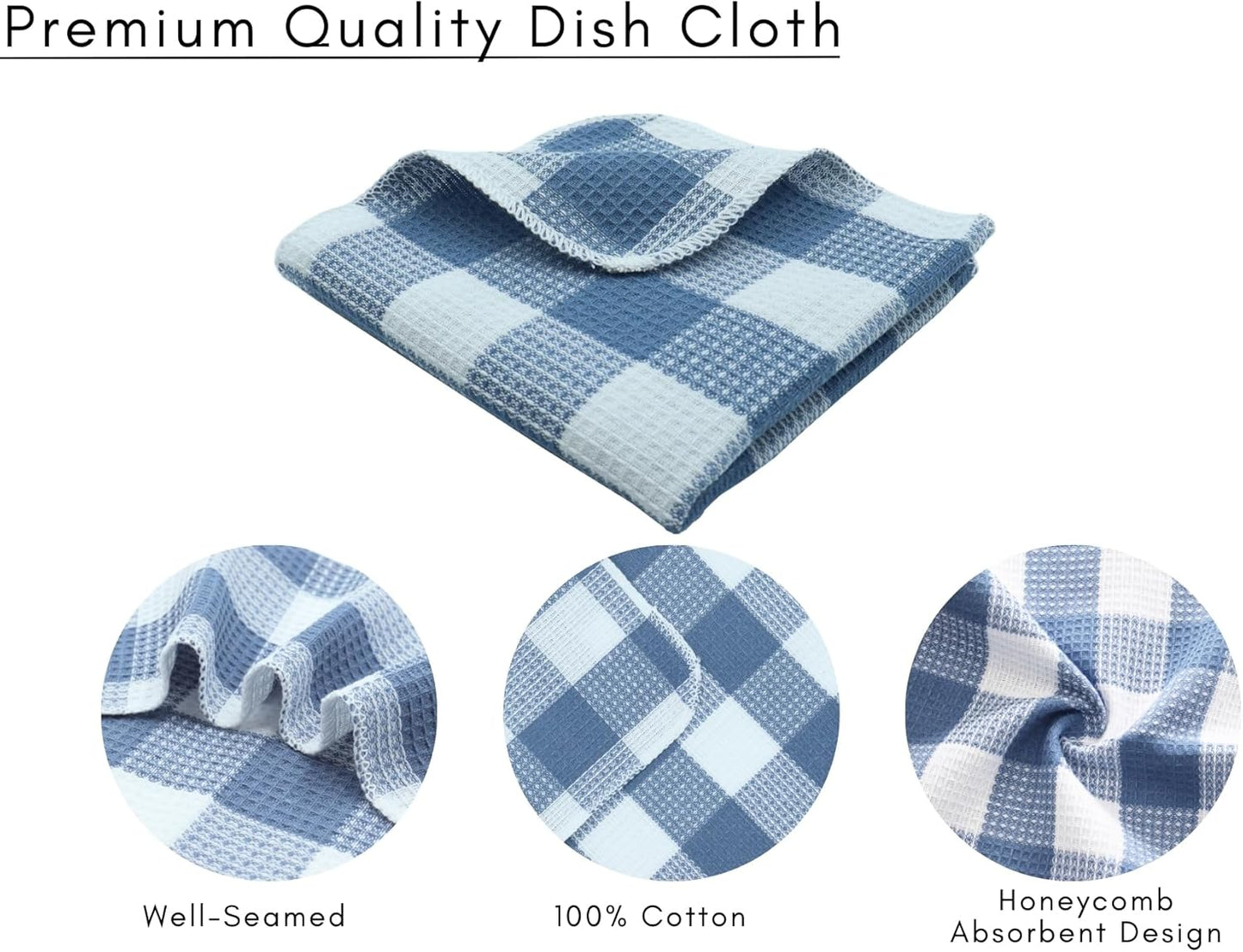 Waffle Weave Plaid Dish Cloths, 100% Cotton - 12 x 12 Inches, Ultra Soft Absorbent Quick Drying Dish Towels Buffalo Check Dish Rags for Kitchen, 6 Pack - Spring Summer - Smoky Grey and White