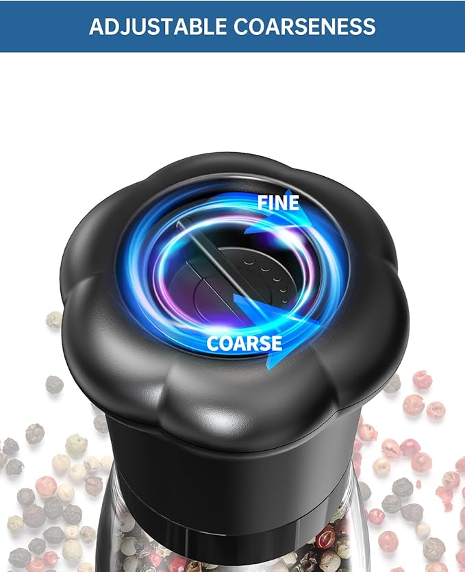 CIRCLE JOY Manual Salt and Pepper Grinder Set For Professional Chef, Refillable Salt and Pepper Shakers with Ceramic Blades, Adjustable Coarseness and BPA-free 180ml Glass Container, Tall Black White