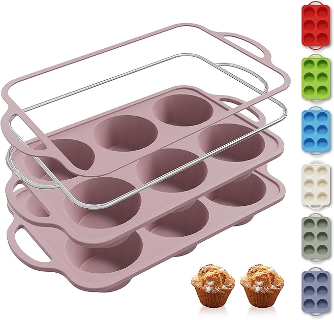 2 Packs 6 Cups Silicone Muffin Pan with Metal Reinforced Frame Jumbo Size Cupcake Pan Tray Egg Bites Silicone Circle Cookie Molds Muffin Tin Tart Pans Baking Sheet Set for Breakfast Sandwiches