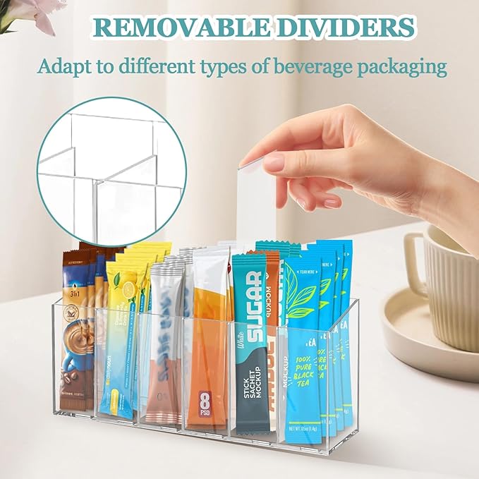 Drink Packet Organizer, Water Drink Packet Holder with Removable Divider, Water Flavor Packet Organization Container for Kitchen Organizers and Storage