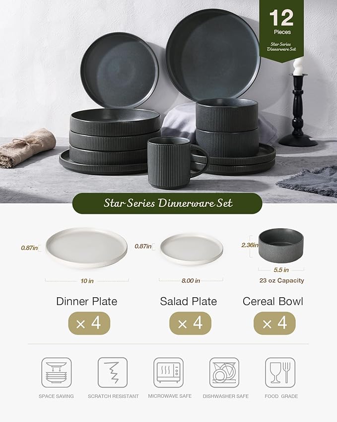 Famiware Star Dinnerware Set, Plates and Bowls Sets for 4 (12pcs), Ribbed Stoneware Dishes - Chip & Scratch Resistant, Microwave & Dishwasher Safe, Multicolor - Matte White & Matte Dark Charcoal