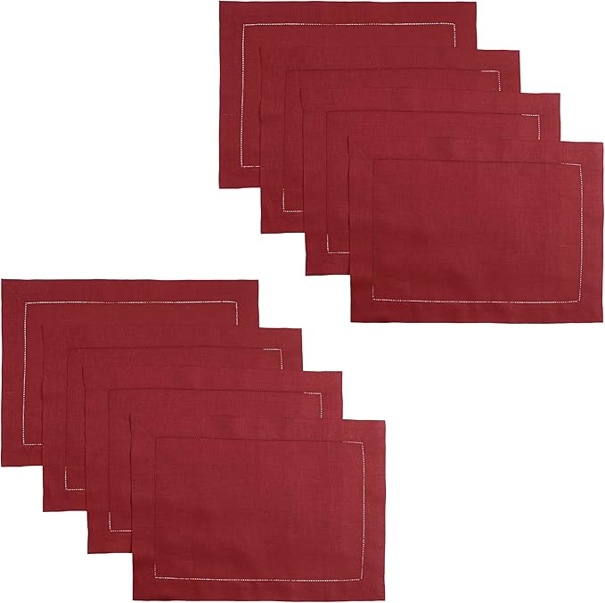 D'Moksha Homes Red Linen Placemats Set of 8 - Classic Hemstitch Placemats 14 x 19 Inch - 100% Pure Linen Table Mats for Fall, Thanksgiving, Christmas, Holiday - Handcrafted and Machine Washable
