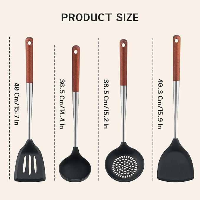 FJNATINH Silicone Spatula - Turner - Ladle - Skimmer Set - Wok Utensil Tool Set,Stainless Steel Non Stick Heat-Resistant Cooking Utensils BPA Free Kitchen Utensils Cookware Wooden Handle, Pack of 4