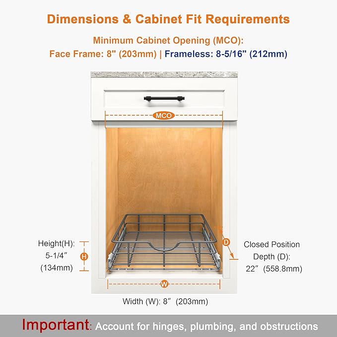 ALINE FURNITURE Pull Out Shelves - 8" W x 22" D Soft Close Pull Out Cabinet Organizer 1 Tier - Slide Out Drawers with Shelf Liner, Heavy Duty Steel Wire Baskets for Kitchen Cabinets, Pantry, Bathroom