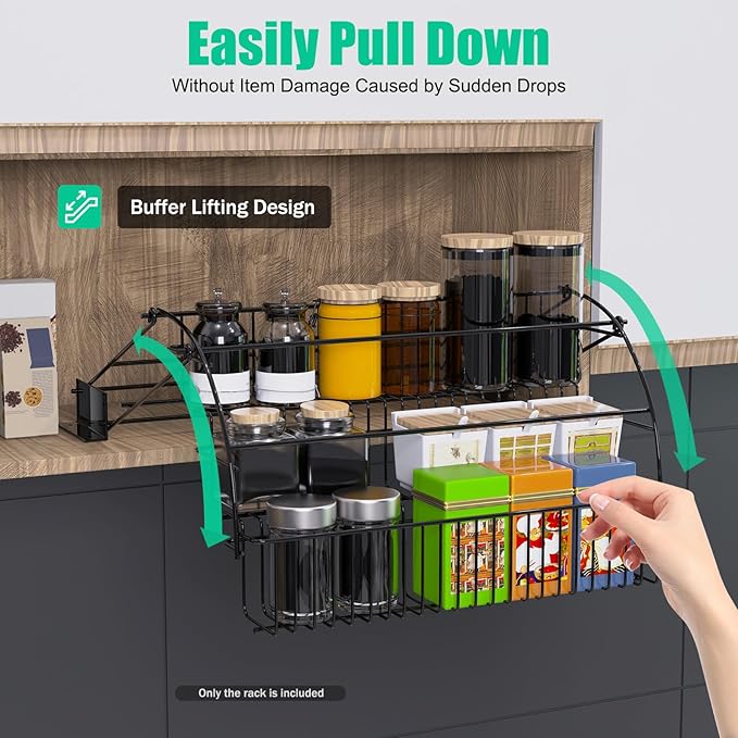3 Tier Pull Down Spice Rack, Pull Out Spice Organizer Shelf for Kitchen, Pantry, Bathroom, Large Capacity Drop Down Spice Shelf Retractable Organizer Holds Seasoning Jars Bottles Cosmetics