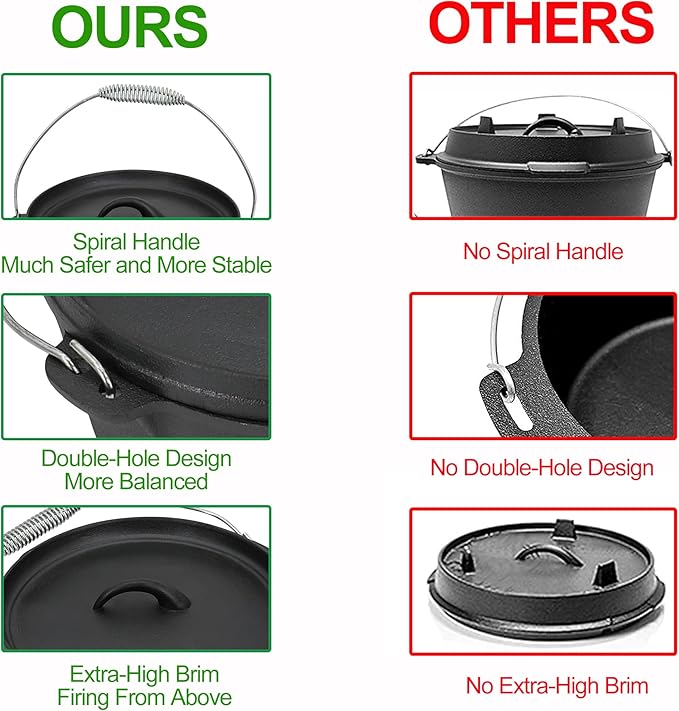 8 Piece Pre-Seasoned Dutch Oven Cooking Set Cast Iron Camping Kitchen Cookware Bakeware Skillets & Square Grill Pan w/Vintage Carrying Wood Box for Ourdoor Home BBQ Baking