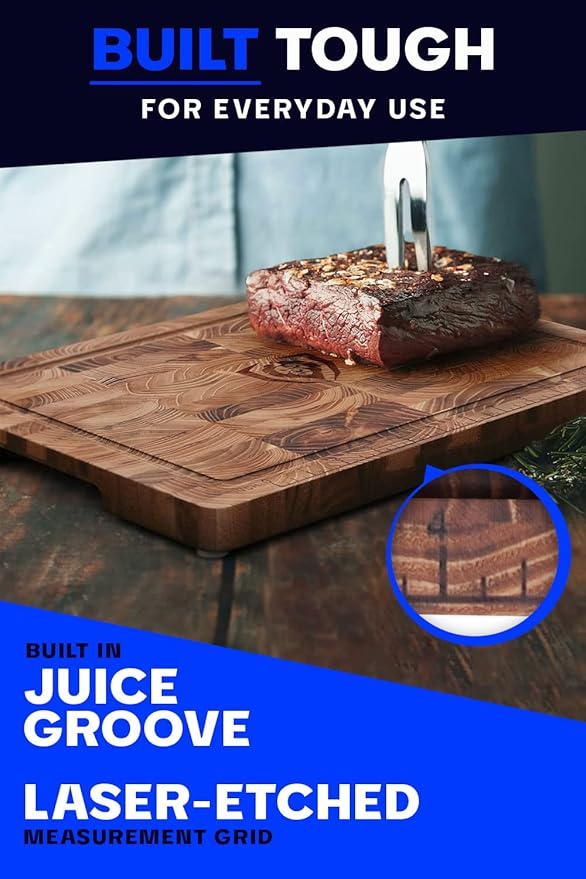 Dalstrong Teak Wood Cutting Board - 15" x 12" Medium Size - Tight Wood Grain-Laser-Engraved Measurements & Juice Groove - Kitchen Chopping Board-Serving-Large Cutting Boards