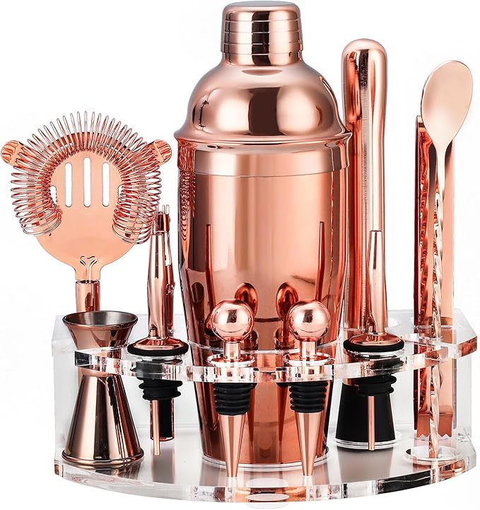 Bartender Kit Cocktail Shaker Set, Stainless Steel Cocktail Kit with 12 Piece Bar Accessories, 25oz Shaker Bar Set Drink Mixer Set with Stand Jigger Strainer Spoon Muddler for Cocktails (Rose Gold)
