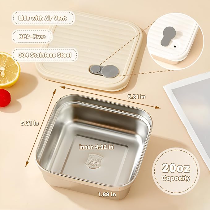 2 Pack Sandwich Containers, 20oz Stainless Steel Sandwich Box with Lids, Reusable Metal Meal Prep Lunch Boxes, BPA-Free, Dishwasher Safe, Food Storage Containers for Snacks & Fruits (White, Green)