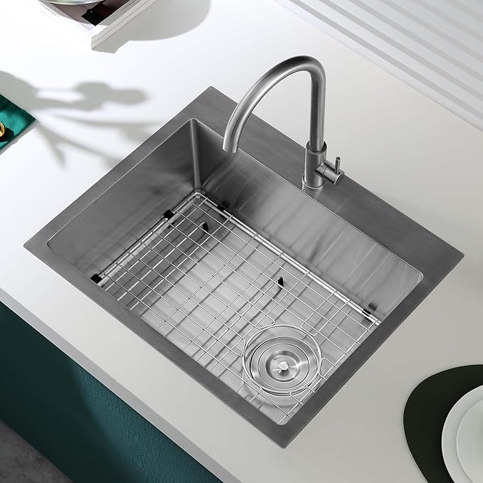 25x18 Inch Kitchen Sink, Commercial Grade 304 Steel Kitchen Sink, Centre-Offset Drain, 9" Deep Single Bowl Kitchen Sinks, Brushed(Inclued Bottom Grid & Drain Strainer)