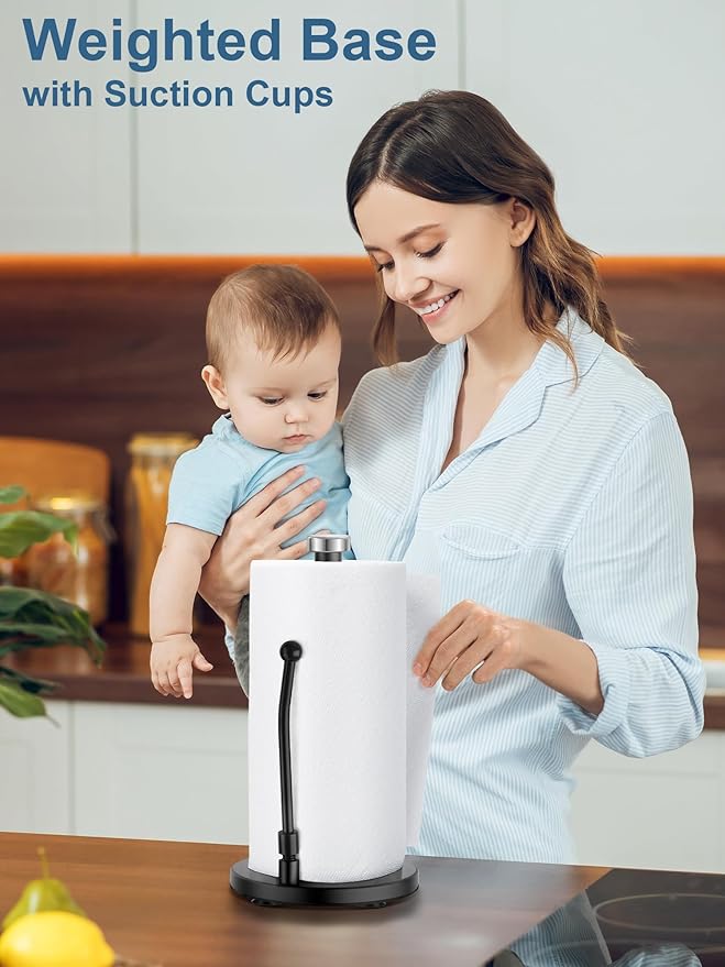 SMARTAKE Paper Towel Holder, Paper Towel Dispenser Standing Weighted Base Non Slip, Spring Arm Fit Most Size Paper Roll, Stainless Steel Paper Towel Holder for Home Kitchen Countertop Tabletop, Black